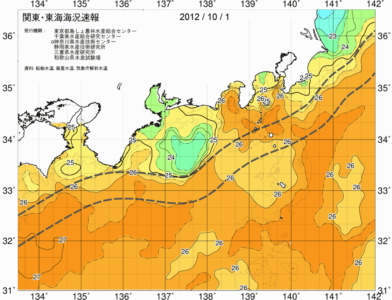 海況図, 関東・東海海況速報/広域 検索結果, (黒潮, 水温分布, 冷水域, 暖水波及 等を図示)