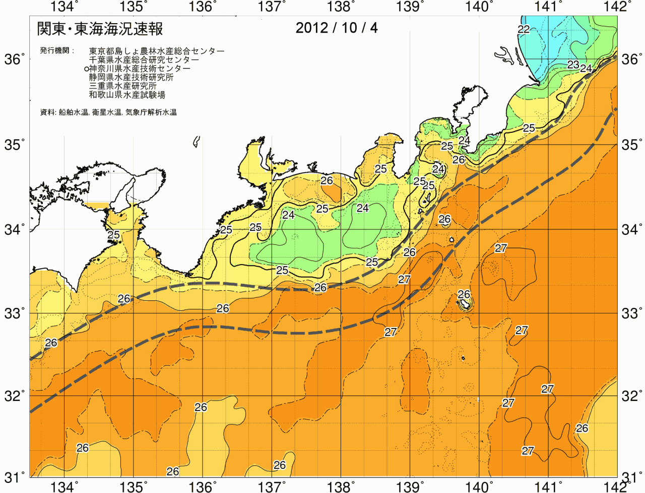 海況図, 関東・東海海況速報/広域 検索結果, (黒潮, 水温分布, 冷水域, 暖水波及 等を図示)