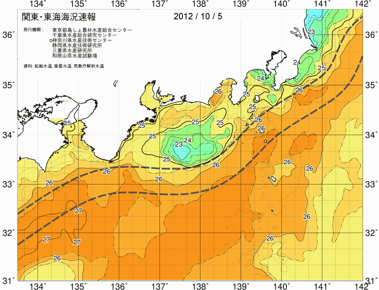 海況図, 関東・東海海況速報/広域 検索結果, (黒潮, 水温分布, 冷水域, 暖水波及 等を図示)