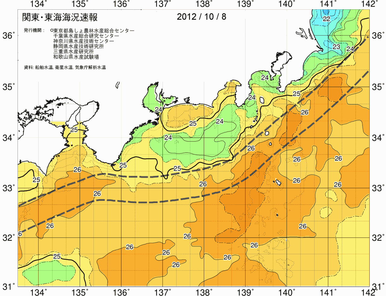 海況図, 関東・東海海況速報/広域 検索結果, (黒潮, 水温分布, 冷水域, 暖水波及 等を図示)