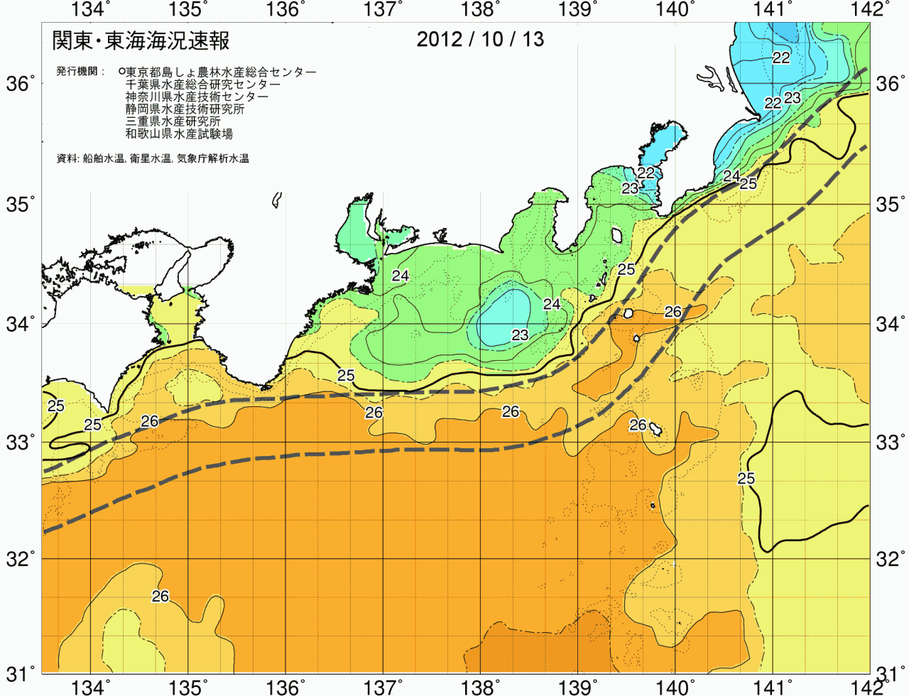 海況図, 関東・東海海況速報/広域 検索結果, (黒潮, 水温分布, 冷水域, 暖水波及 等を図示)