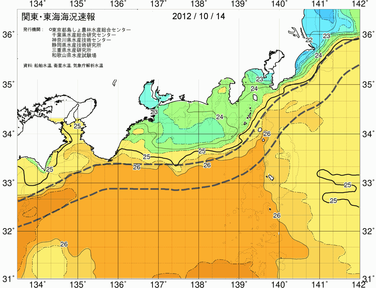 海況図, 関東・東海海況速報/広域 検索結果, (黒潮, 水温分布, 冷水域, 暖水波及 等を図示)