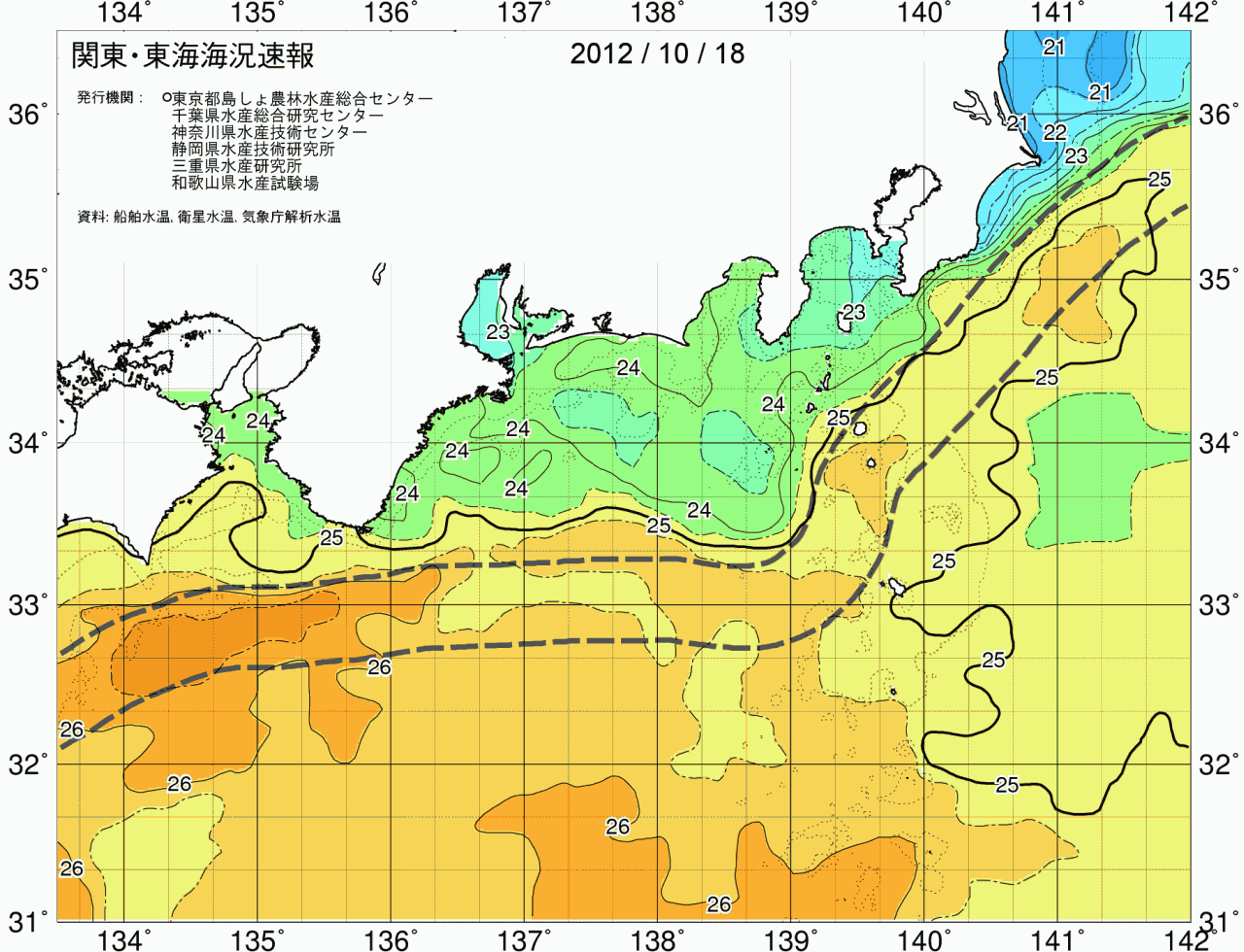 海況図, 関東・東海海況速報/広域 検索結果, (黒潮, 水温分布, 冷水域, 暖水波及 等を図示)