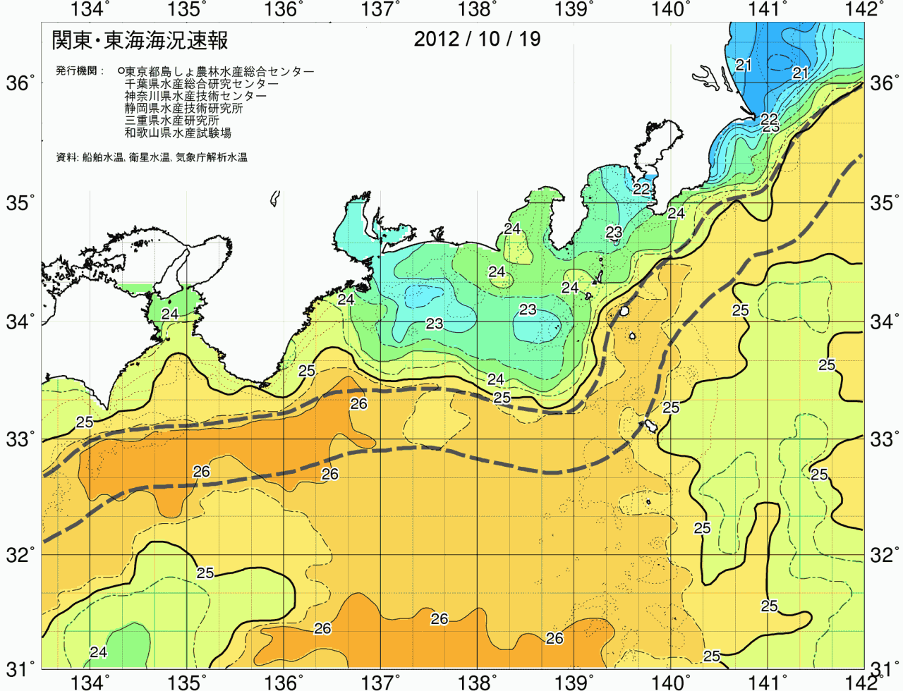 海況図, 関東・東海海況速報/広域 検索結果, (黒潮, 水温分布, 冷水域, 暖水波及 等を図示)
