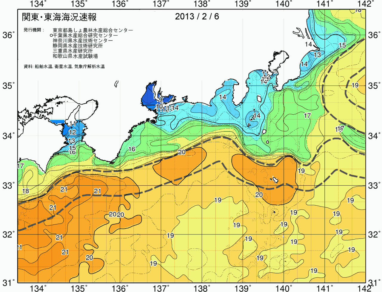 海況図, 関東・東海海況速報/広域 検索結果, (黒潮, 水温分布, 冷水域, 暖水波及 等を図示)