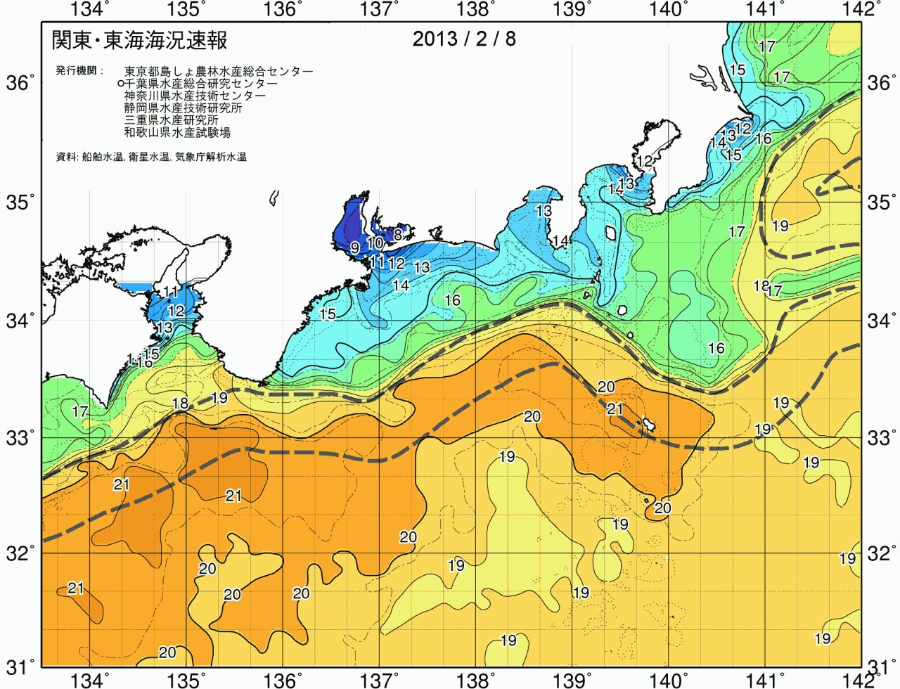 海況図, 関東・東海海況速報/広域 検索結果, (黒潮, 水温分布, 冷水域, 暖水波及 等を図示)