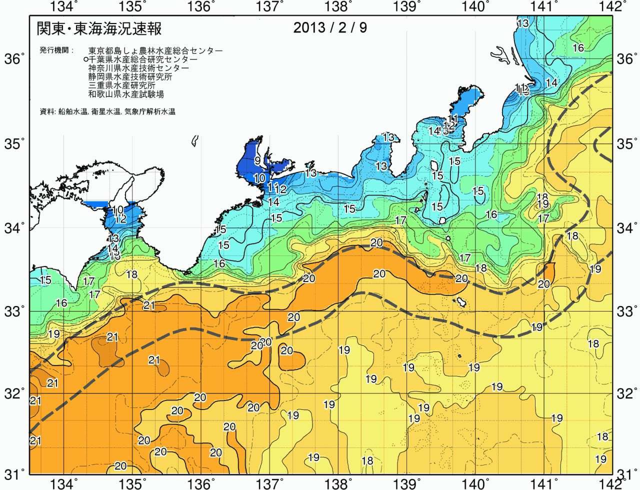 海況図, 関東・東海海況速報/広域 検索結果, (黒潮, 水温分布, 冷水域, 暖水波及 等を図示)