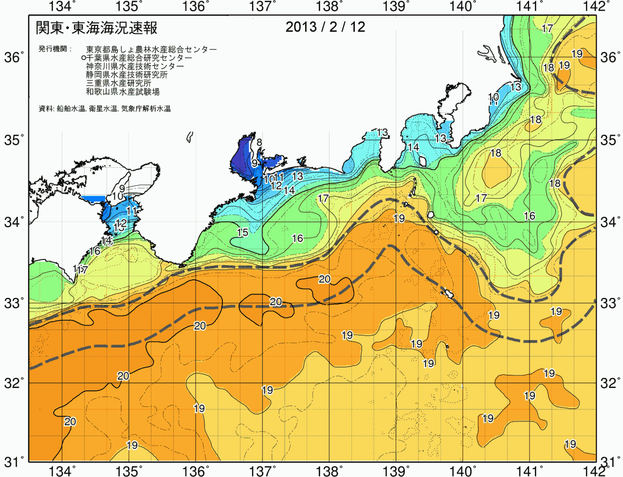 海況図, 関東・東海海況速報/広域 検索結果, (黒潮, 水温分布, 冷水域, 暖水波及 等を図示)