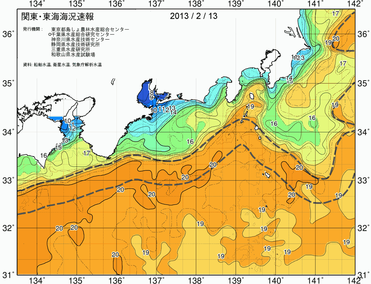 海況図, 関東・東海海況速報/広域 検索結果, (黒潮, 水温分布, 冷水域, 暖水波及 等を図示)