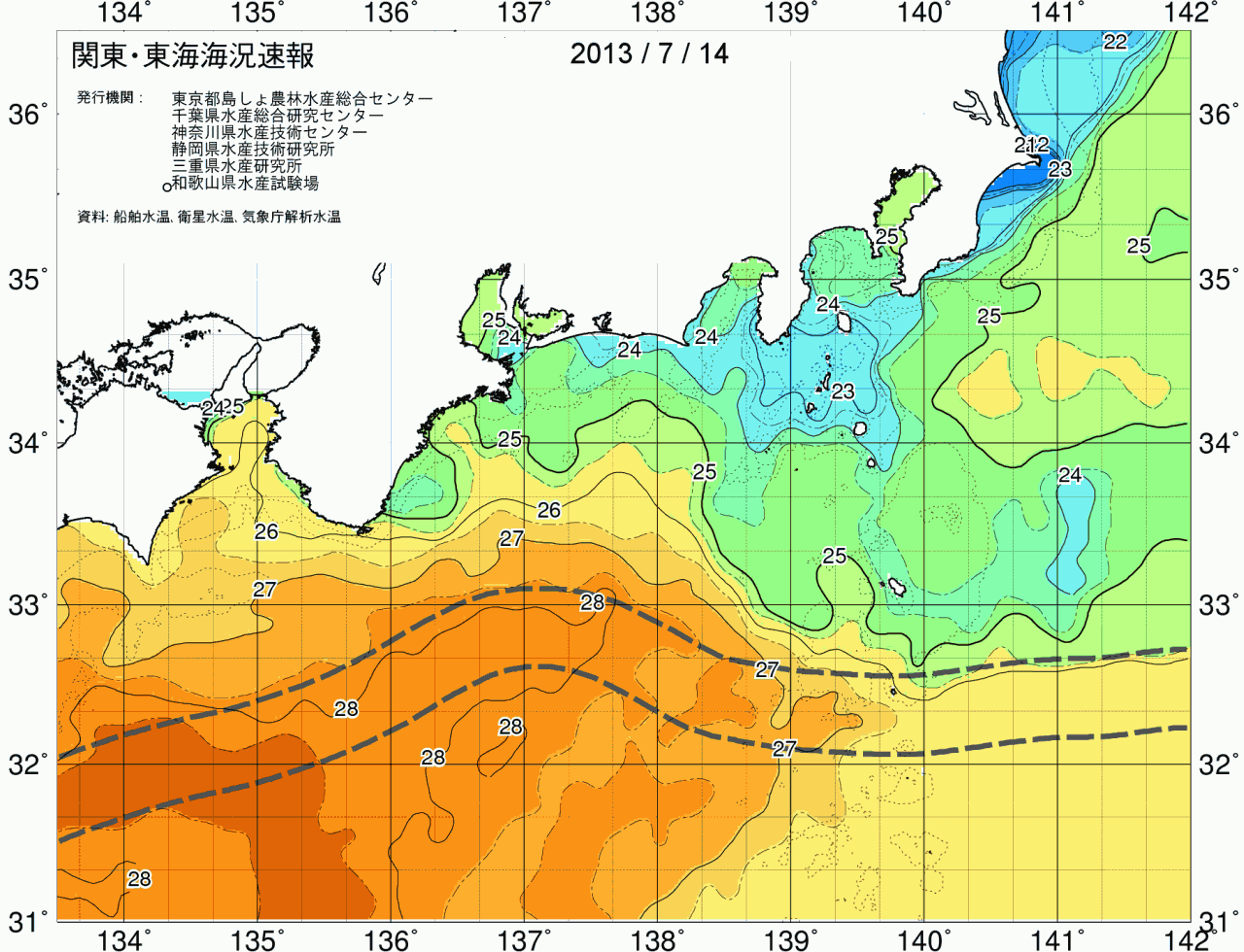 海況図, 関東・東海海況速報/広域 検索結果, (黒潮, 水温分布, 冷水域, 暖水波及 等を図示)