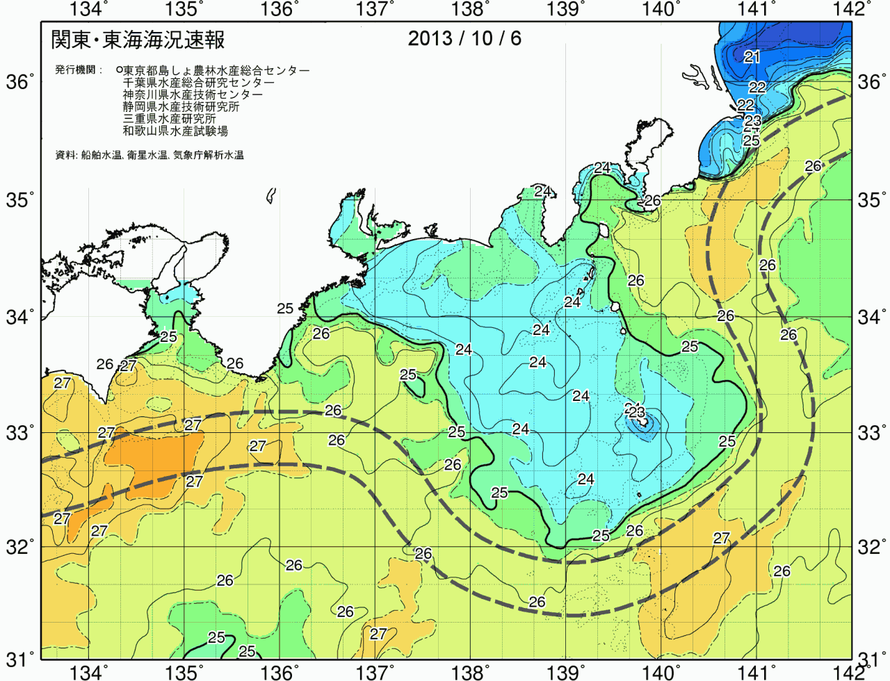 海況図, 関東・東海海況速報/広域 検索結果, (黒潮, 水温分布, 冷水域, 暖水波及 等を図示)