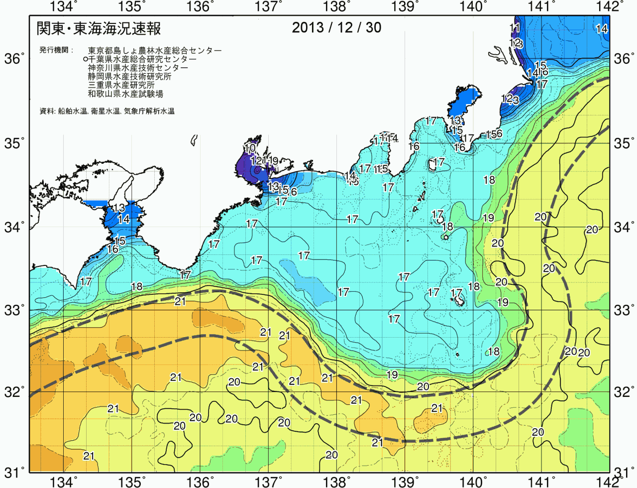 海況図, 関東・東海海況速報/広域 検索結果, (黒潮, 水温分布, 冷水域, 暖水波及 等を図示)