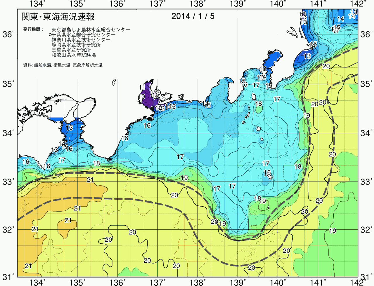 海況図, 関東・東海海況速報/広域 検索結果, (黒潮, 水温分布, 冷水域, 暖水波及 等を図示)