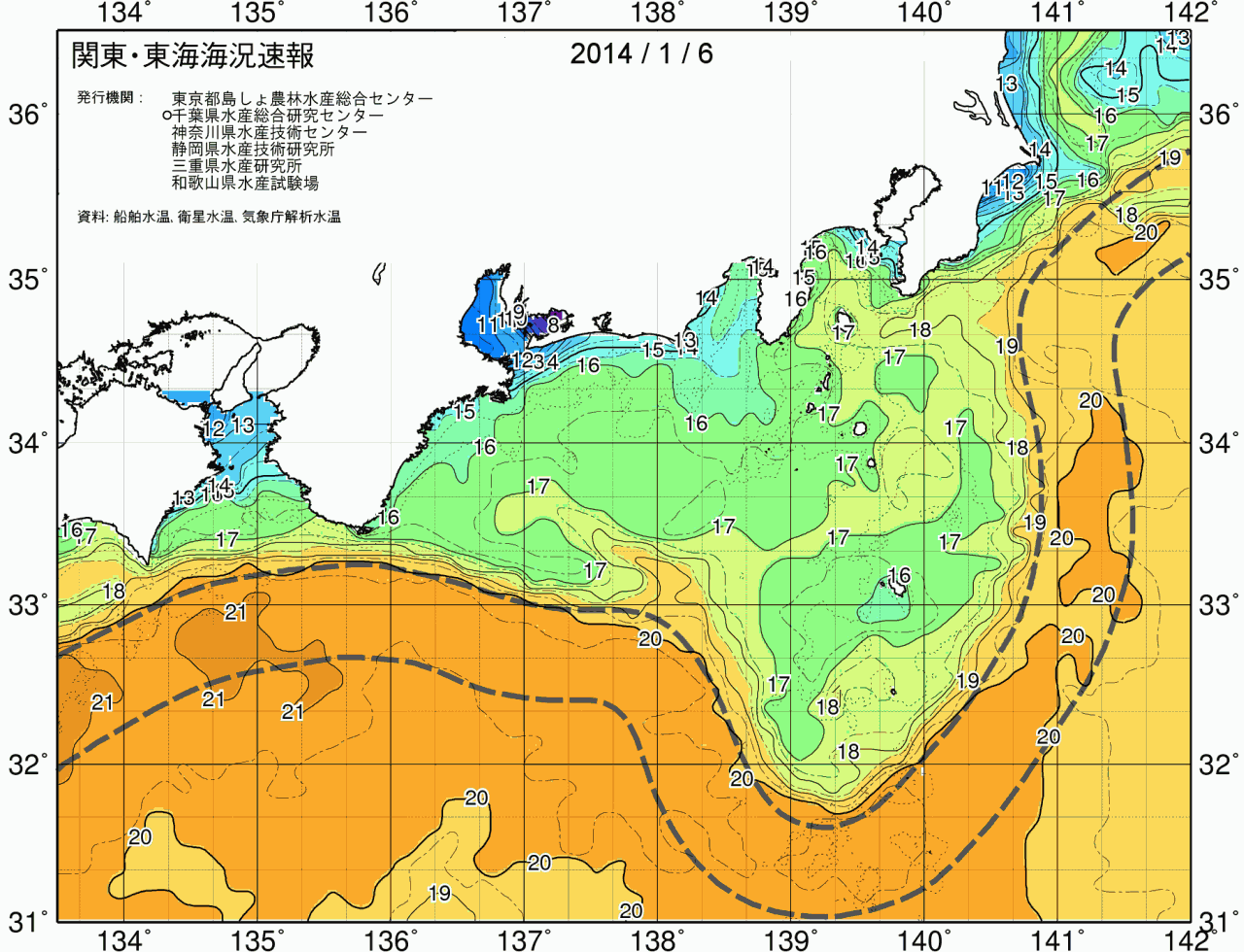 海況図, 関東・東海海況速報/広域 検索結果, (黒潮, 水温分布, 冷水域, 暖水波及 等を図示)