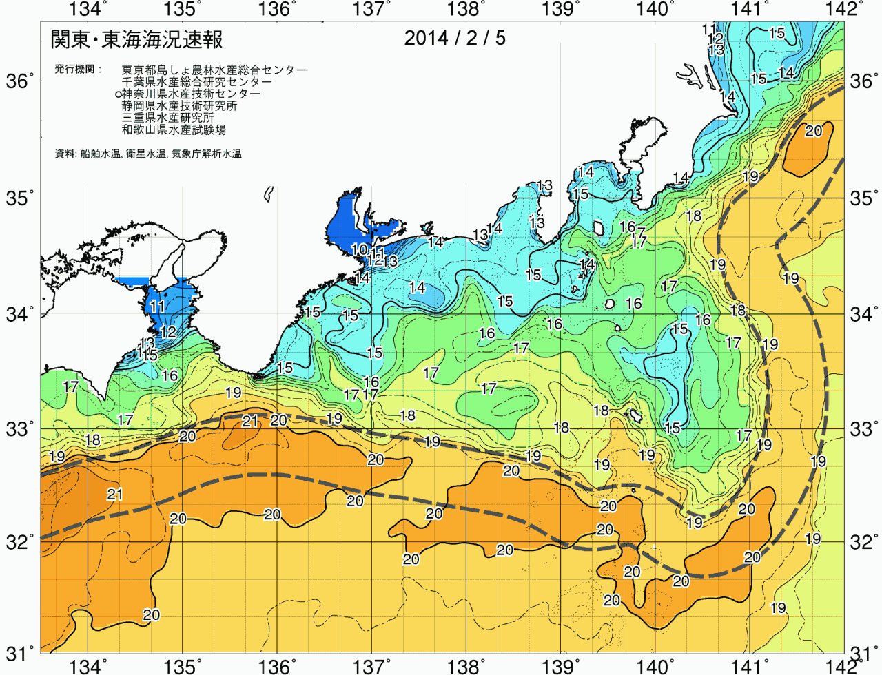 海況図, 関東・東海海況速報/広域 検索結果, (黒潮, 水温分布, 冷水域, 暖水波及 等を図示)