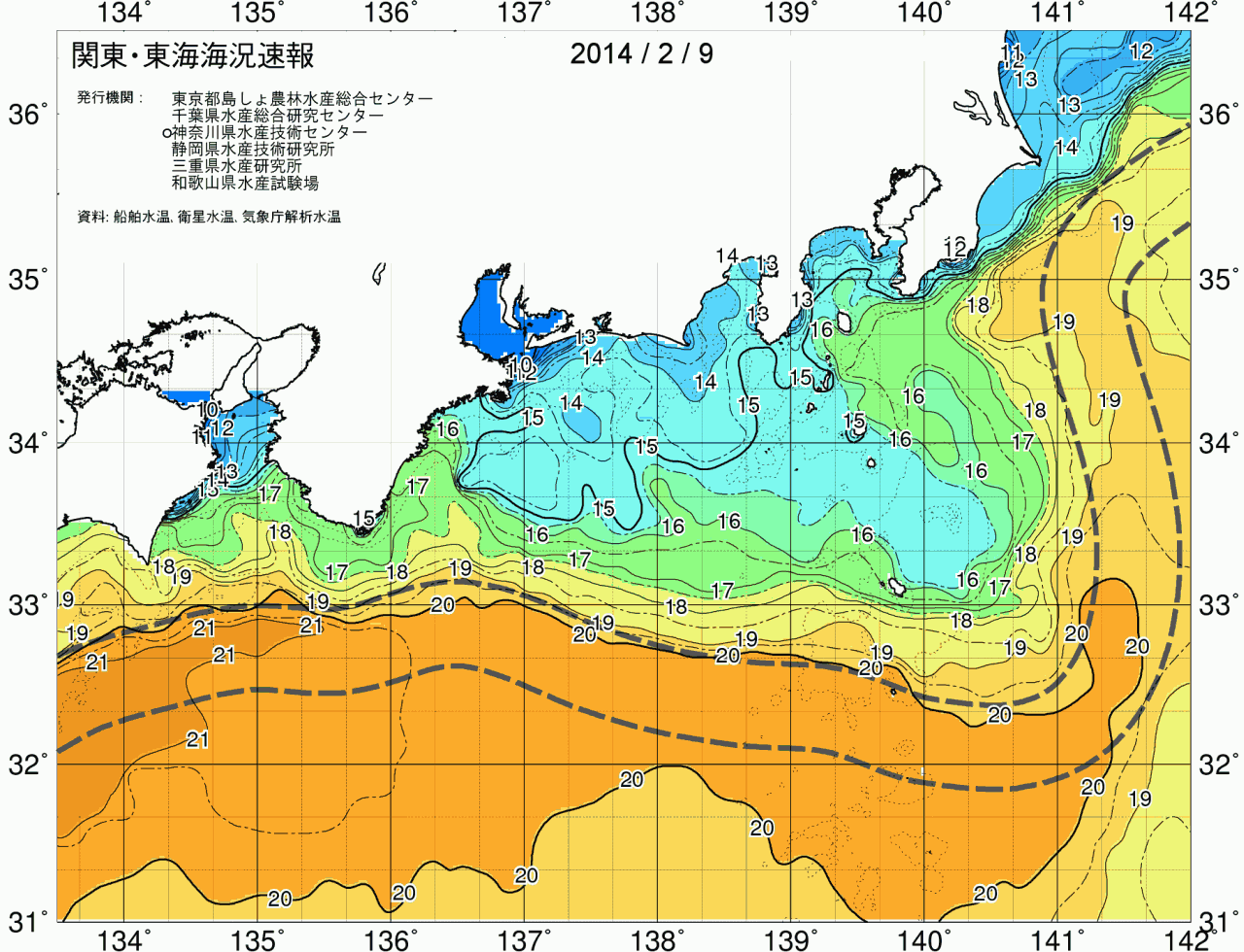 海況図, 関東・東海海況速報/広域 検索結果, (黒潮, 水温分布, 冷水域, 暖水波及 等を図示)