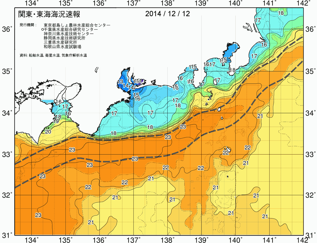 海況図, 関東・東海海況速報/広域 検索結果, (黒潮, 水温分布, 冷水域, 暖水波及 等を図示)
