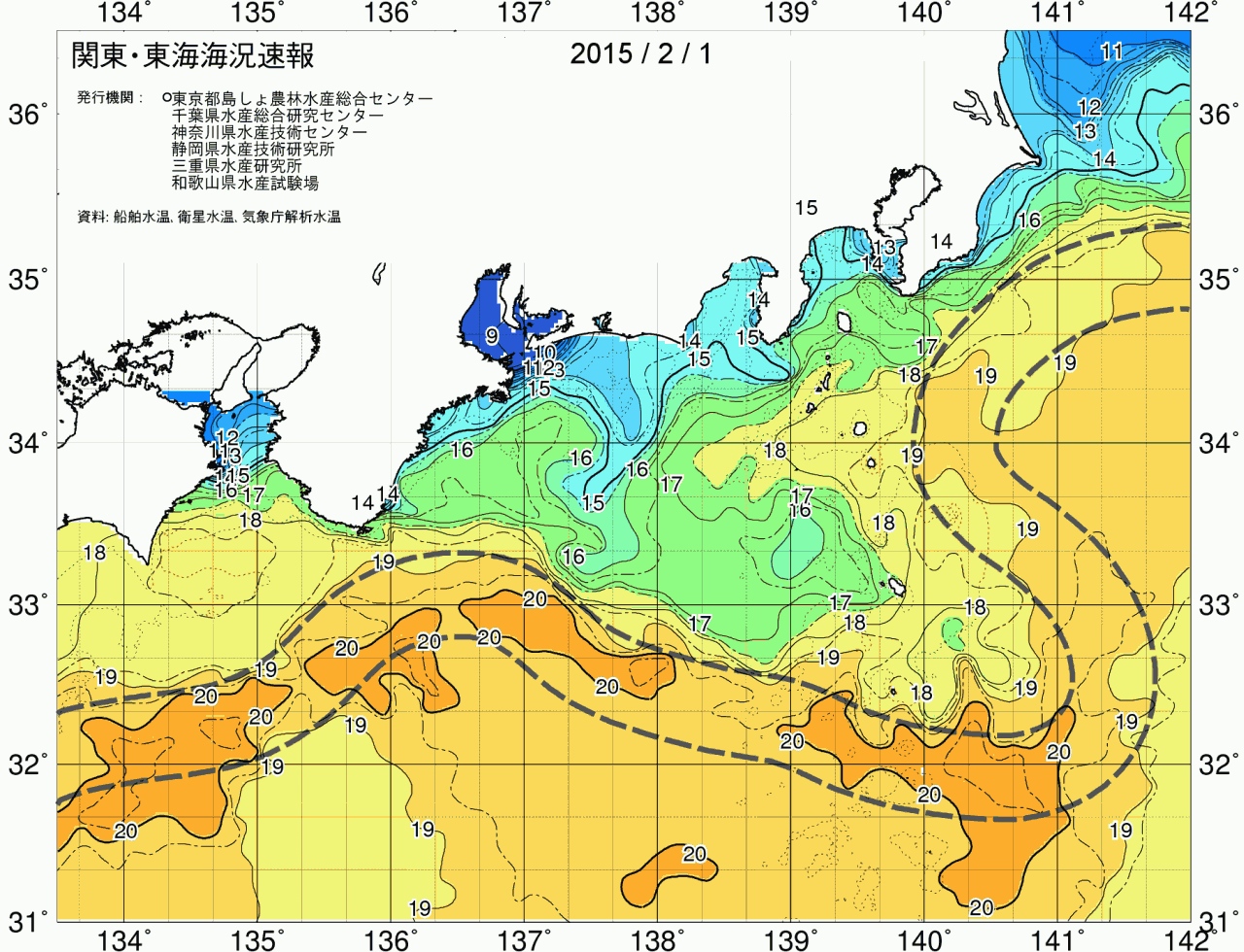 海況図, 関東・東海海況速報/広域 検索結果, (黒潮, 水温分布, 冷水域, 暖水波及 等を図示)