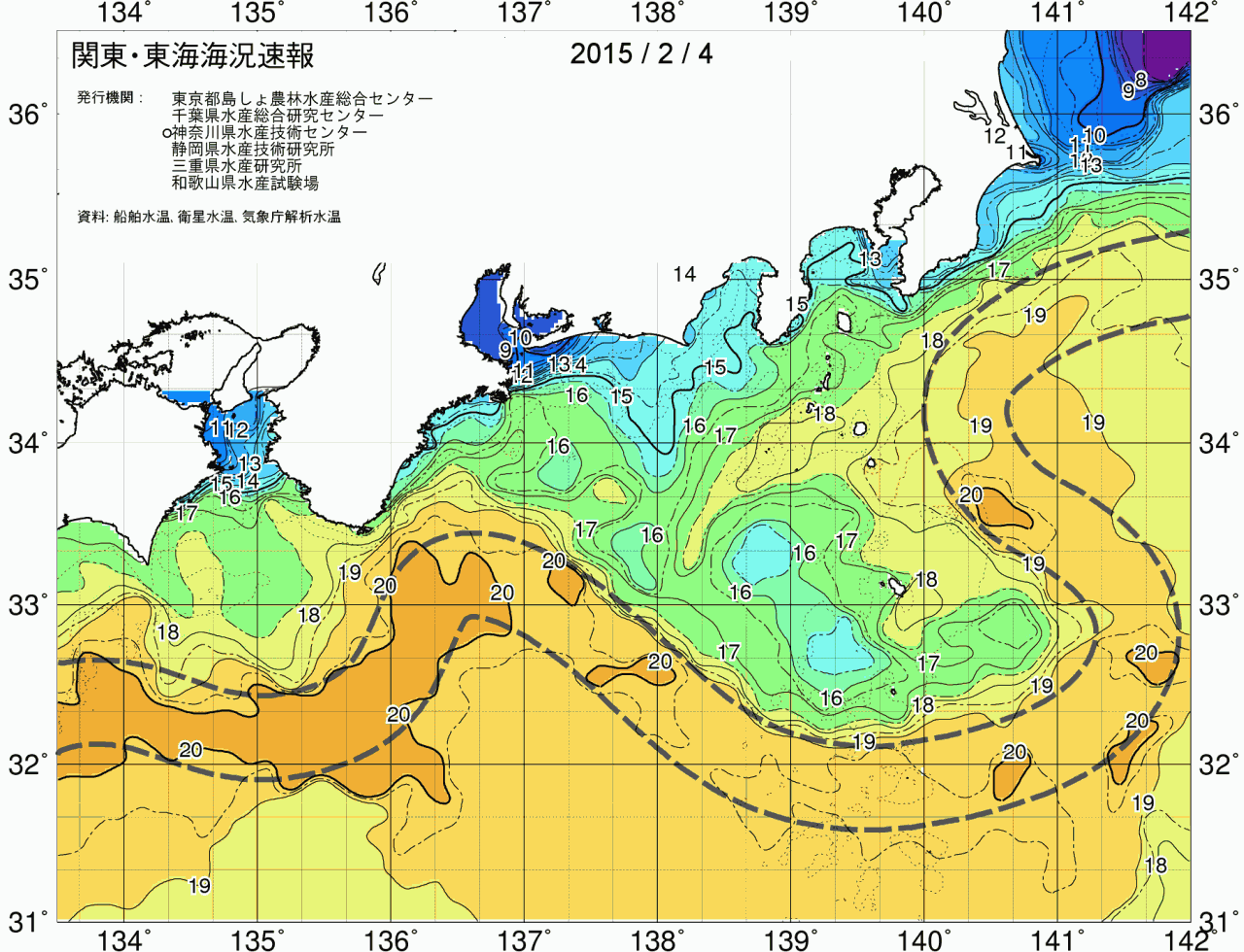 海況図, 関東・東海海況速報/広域 検索結果, (黒潮, 水温分布, 冷水域, 暖水波及 等を図示)
