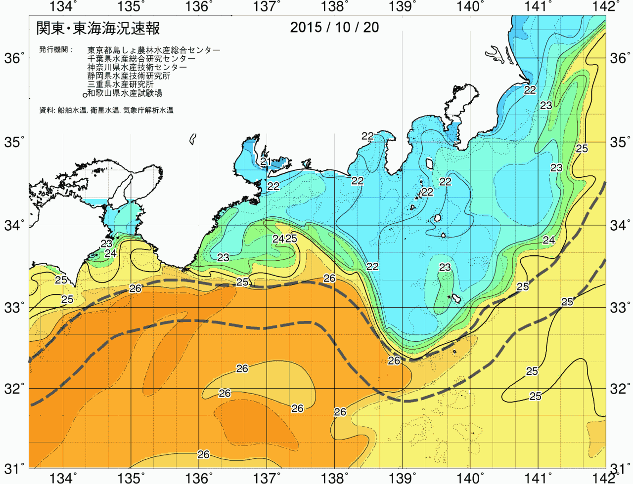 海況図, 関東・東海海況速報/広域 検索結果, (黒潮, 水温分布, 冷水域, 暖水波及 等を図示)