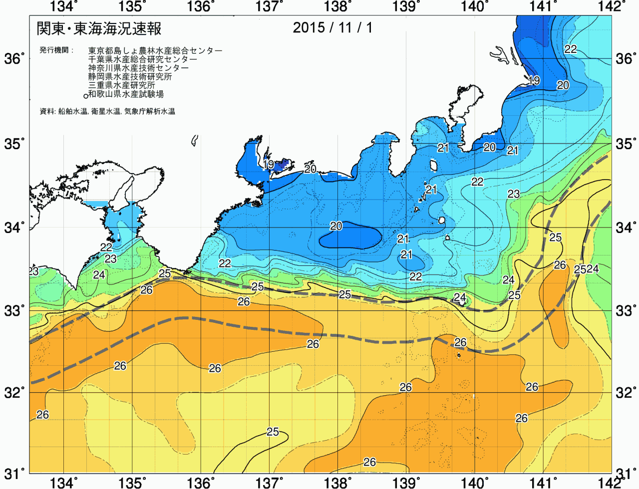 海況図, 関東・東海海況速報/広域 検索結果, (黒潮, 水温分布, 冷水域, 暖水波及 等を図示)