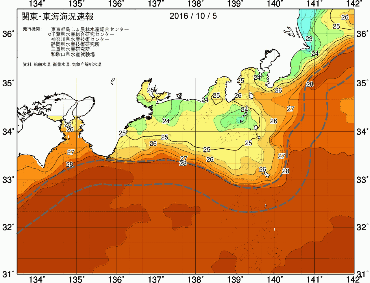 海況図, 関東・東海海況速報/広域 検索結果, (黒潮, 水温分布, 冷水域, 暖水波及 等を図示)