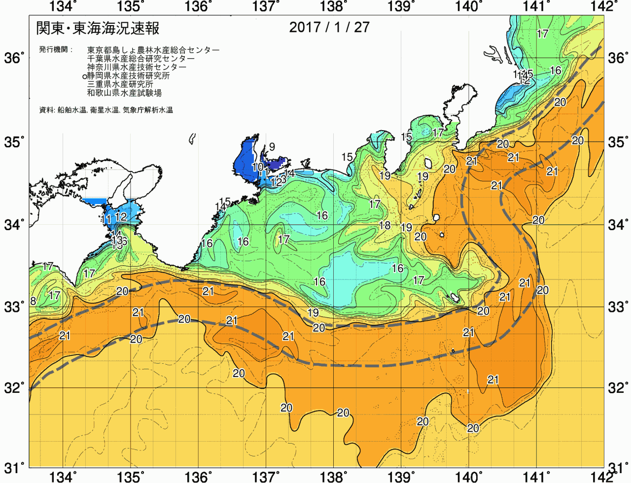 海況図, 関東・東海海況速報/広域 検索結果, (黒潮, 水温分布, 冷水域, 暖水波及 等を図示)