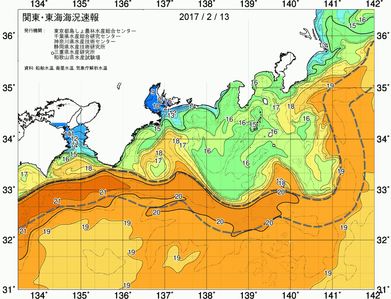 海況図, 関東・東海海況速報/広域 検索結果, (黒潮, 水温分布, 冷水域, 暖水波及 等を図示)