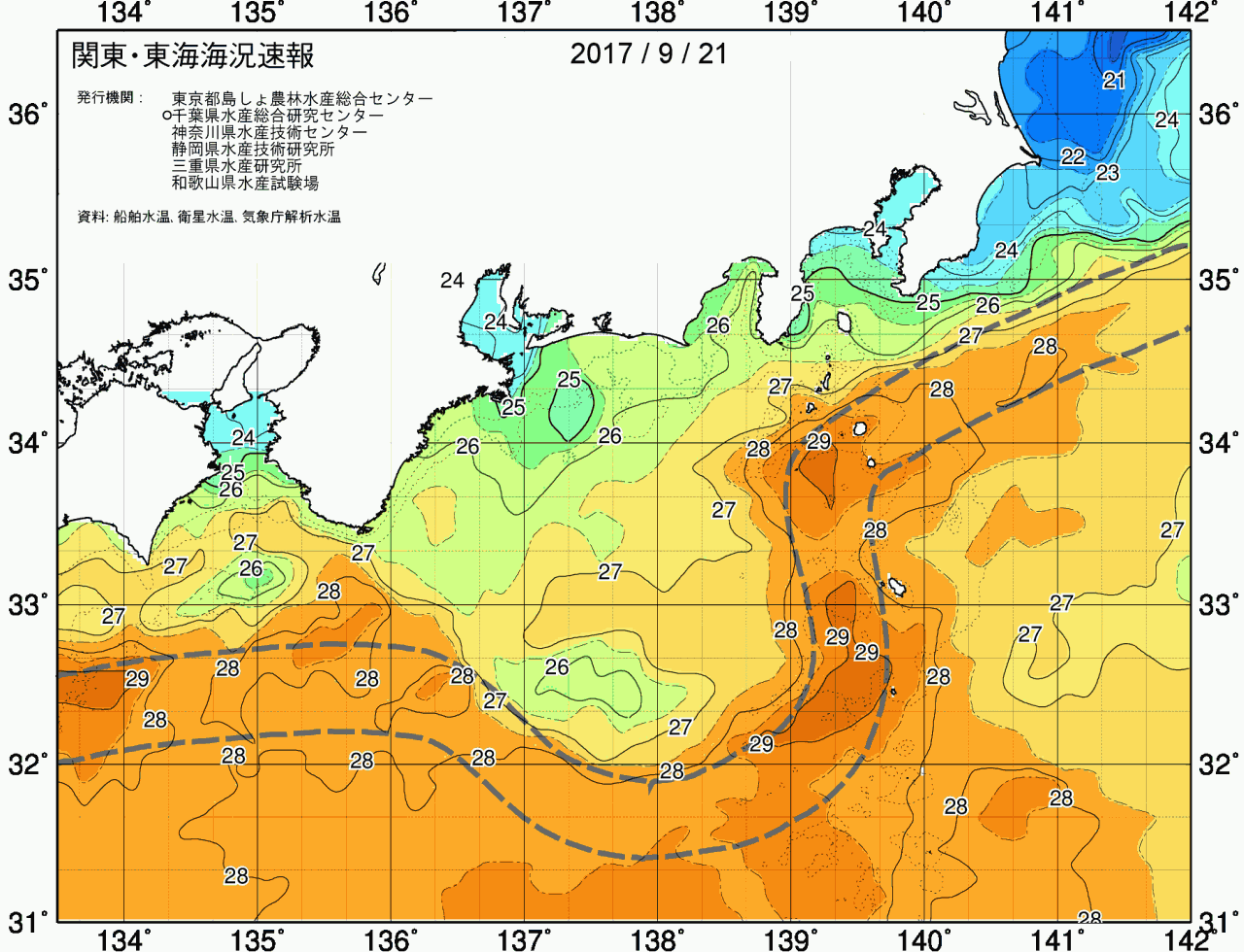 海況図, 関東・東海海況速報/広域 検索結果, (黒潮, 水温分布, 冷水域, 暖水波及 等を図示)