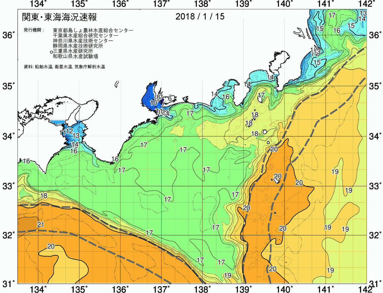 海況図, 関東・東海海況速報/広域 検索結果, (黒潮, 水温分布, 冷水域, 暖水波及 等を図示)