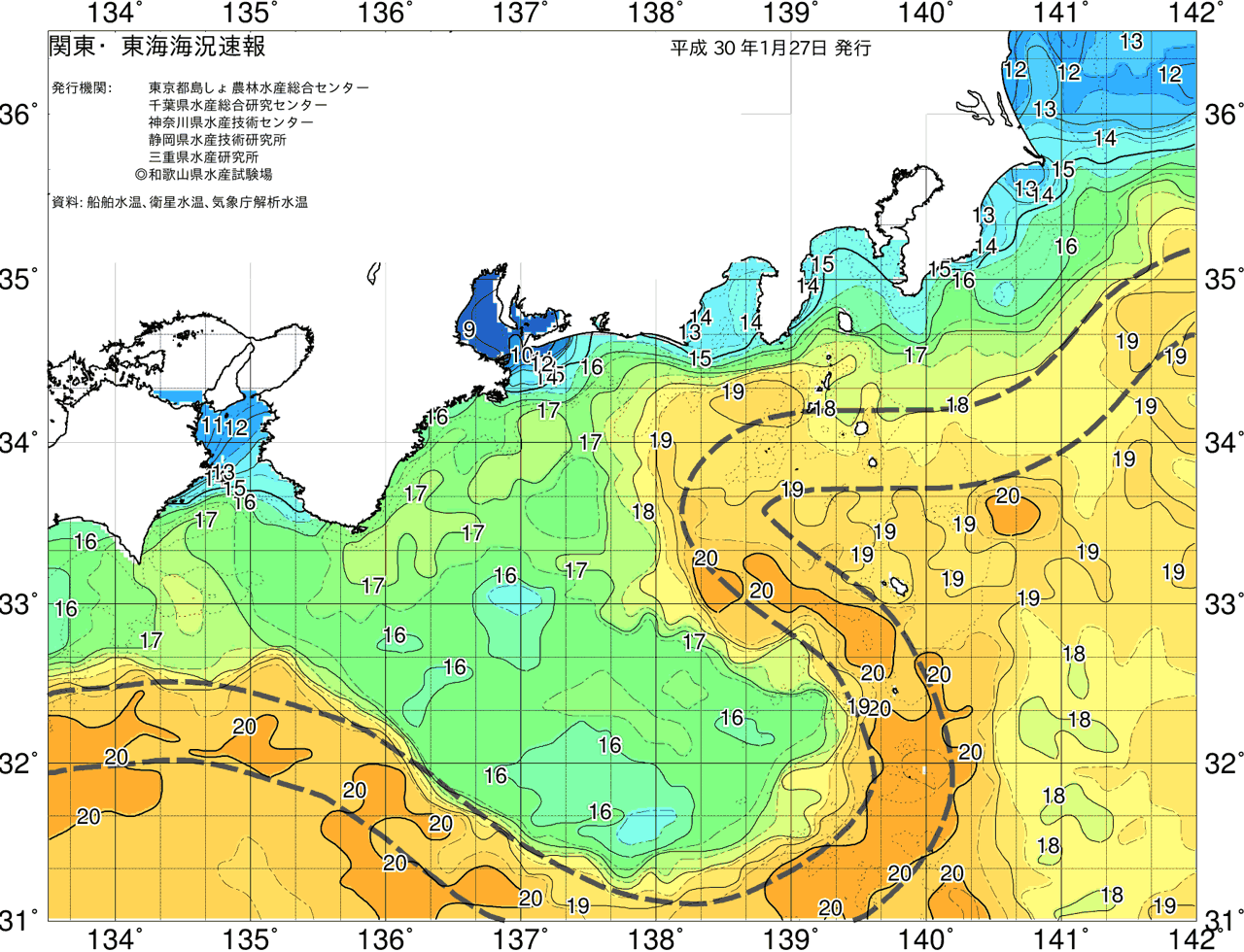 海況図, 関東・東海海況速報/広域 検索結果, (黒潮, 水温分布, 冷水域, 暖水波及 等を図示)