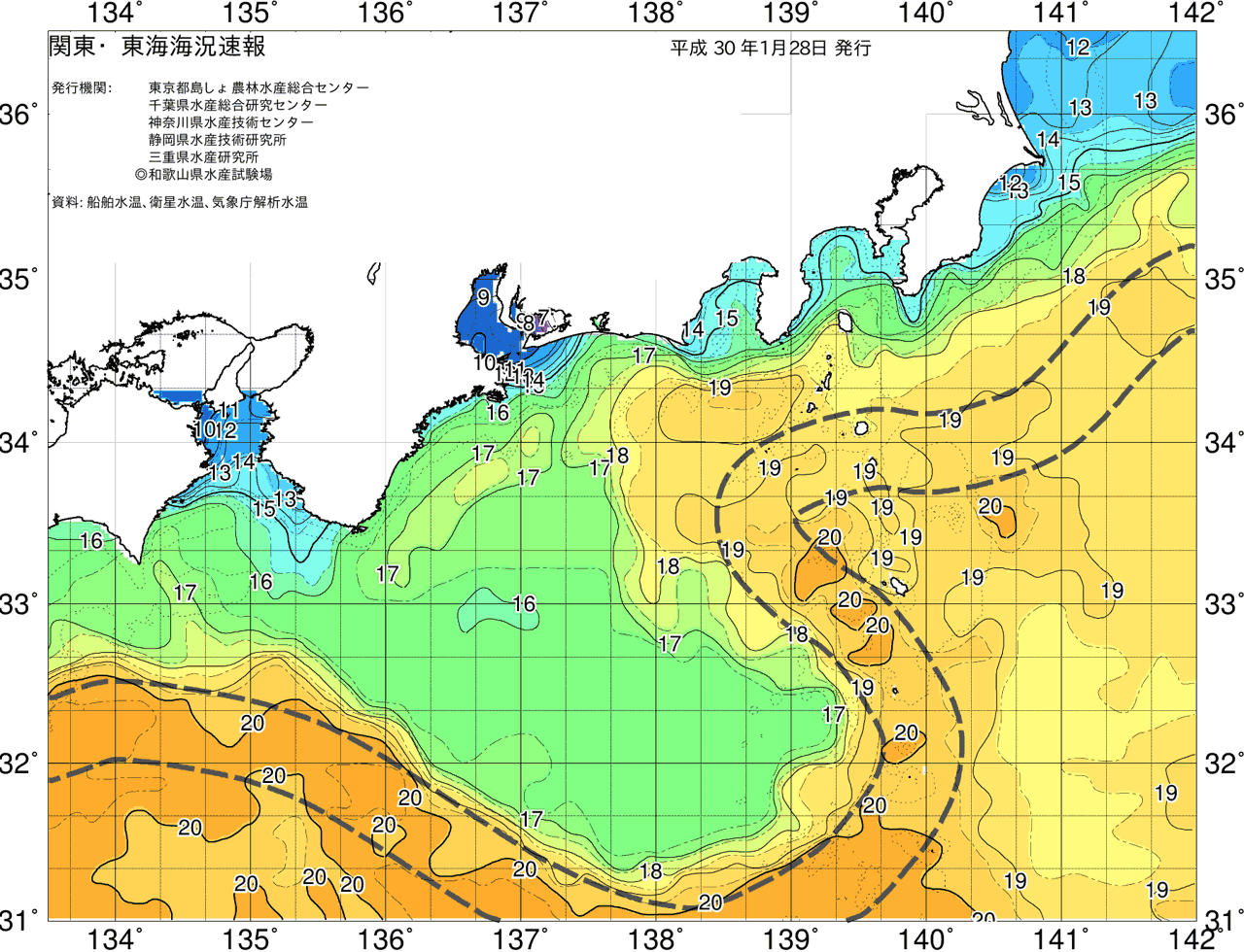 海況図, 関東・東海海況速報/広域 検索結果, (黒潮, 水温分布, 冷水域, 暖水波及 等を図示)