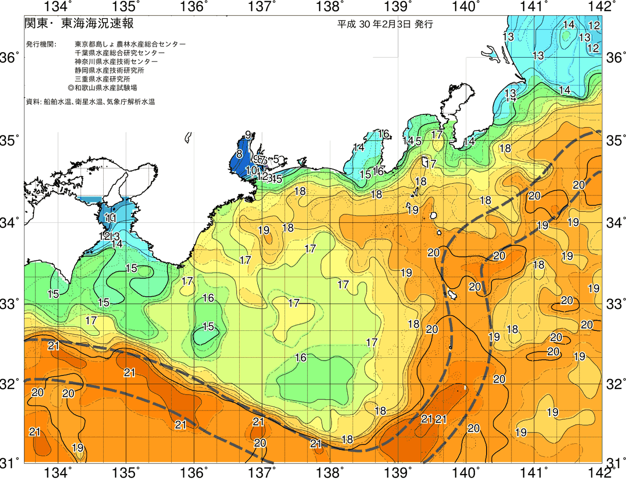 海況図, 関東・東海海況速報/広域 検索結果, (黒潮, 水温分布, 冷水域, 暖水波及 等を図示)