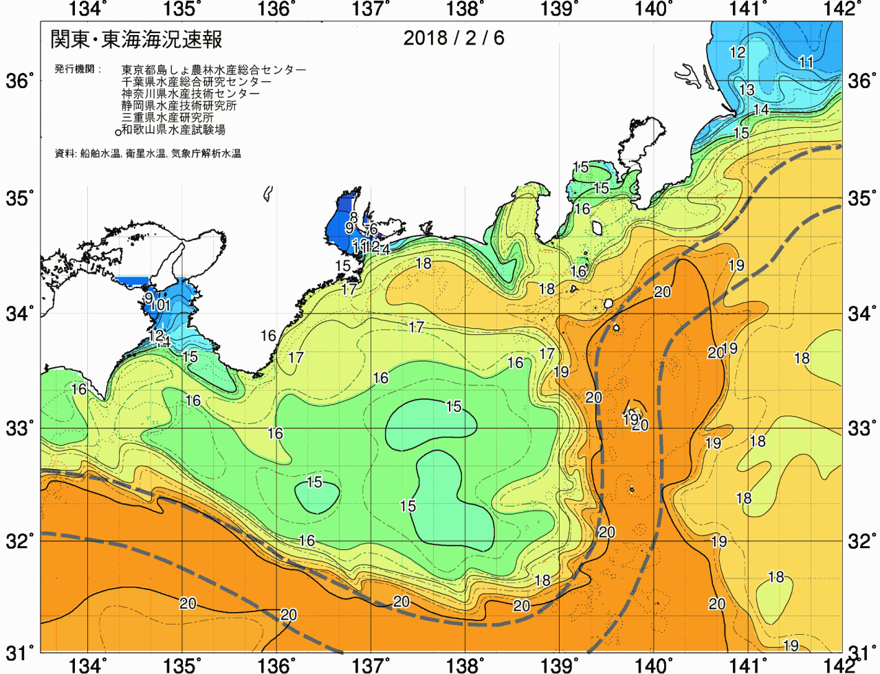 海況図, 関東・東海海況速報/広域 検索結果, (黒潮, 水温分布, 冷水域, 暖水波及 等を図示)
