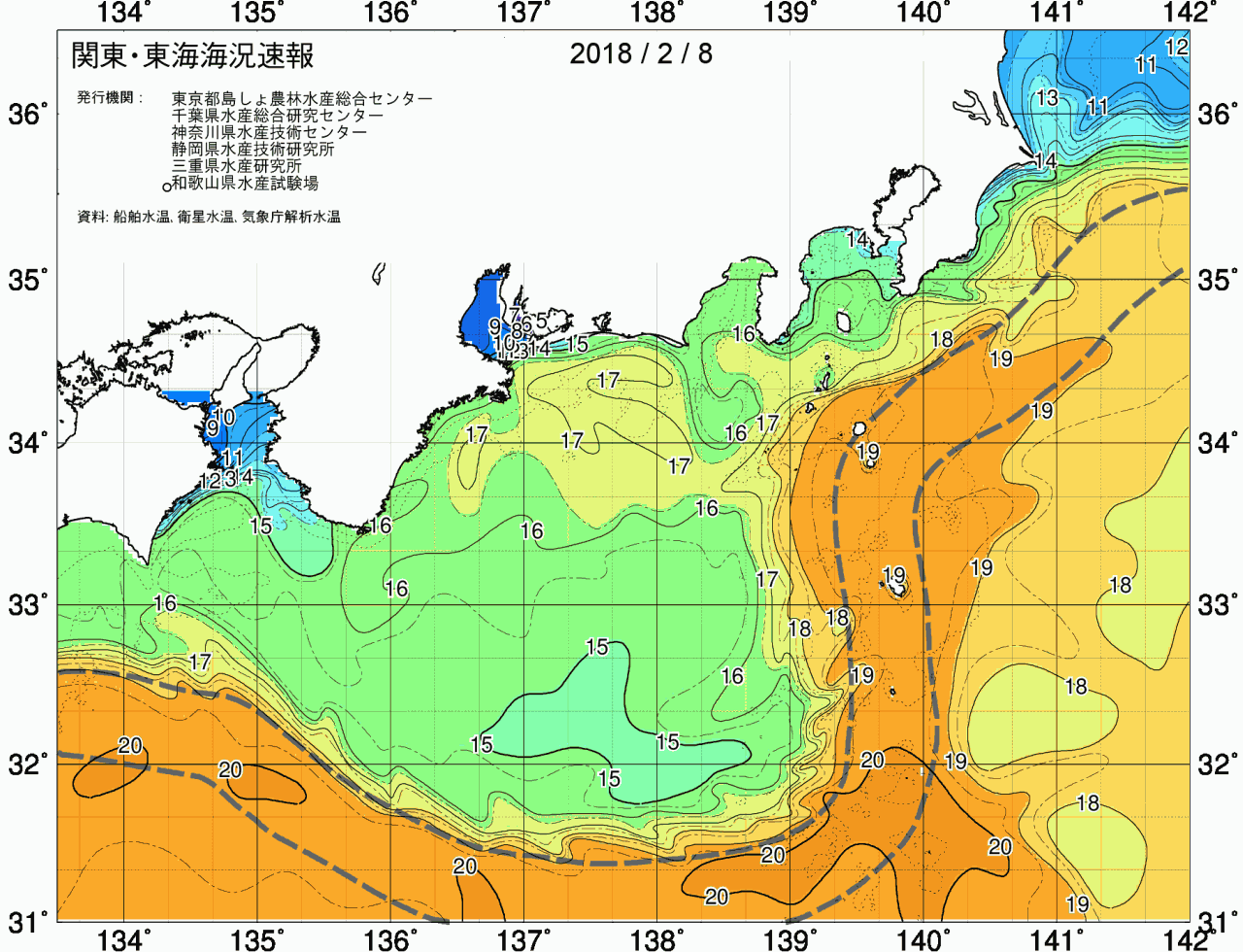 海況図, 関東・東海海況速報/広域 検索結果, (黒潮, 水温分布, 冷水域, 暖水波及 等を図示)