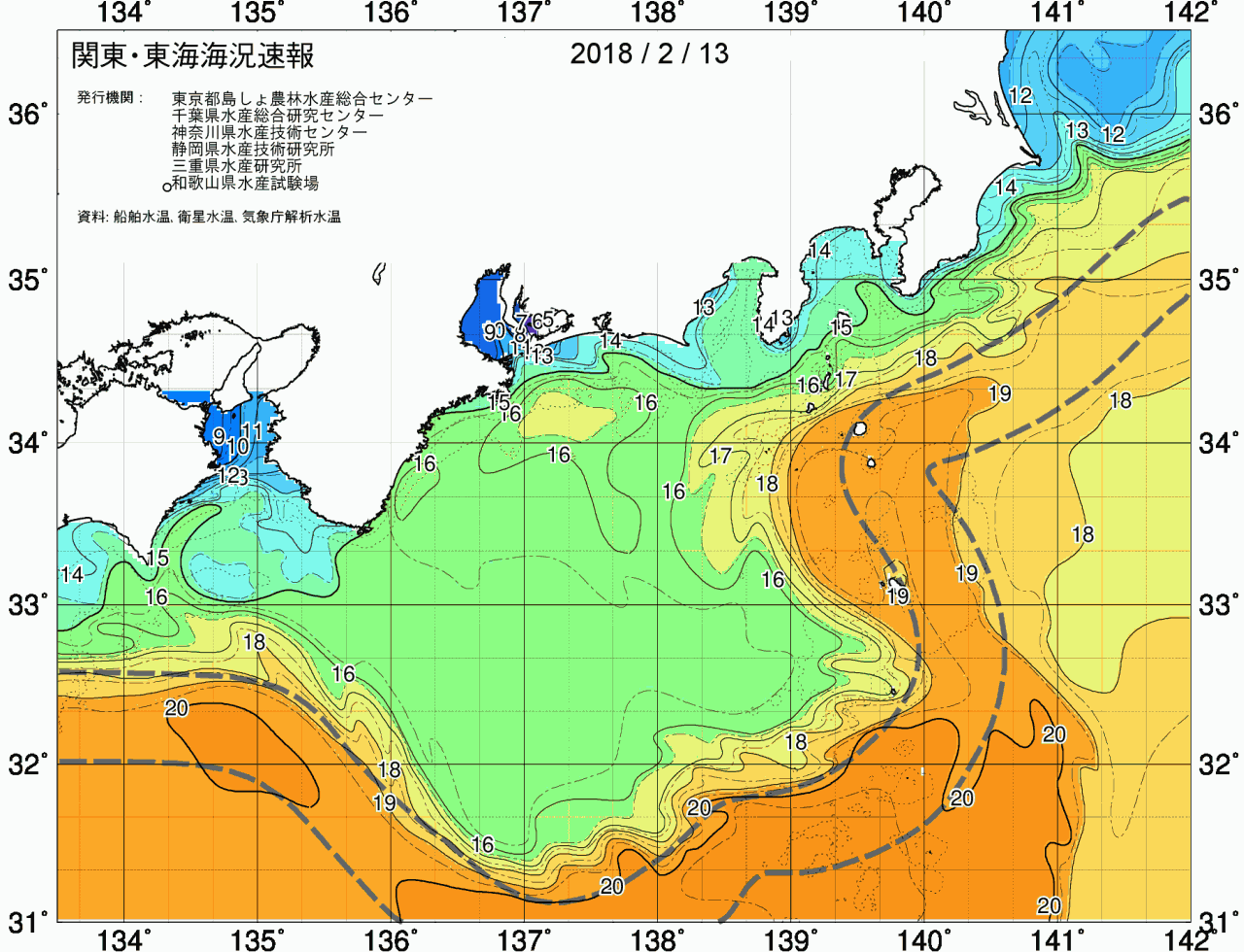 海況図, 関東・東海海況速報/広域 検索結果, (黒潮, 水温分布, 冷水域, 暖水波及 等を図示)
