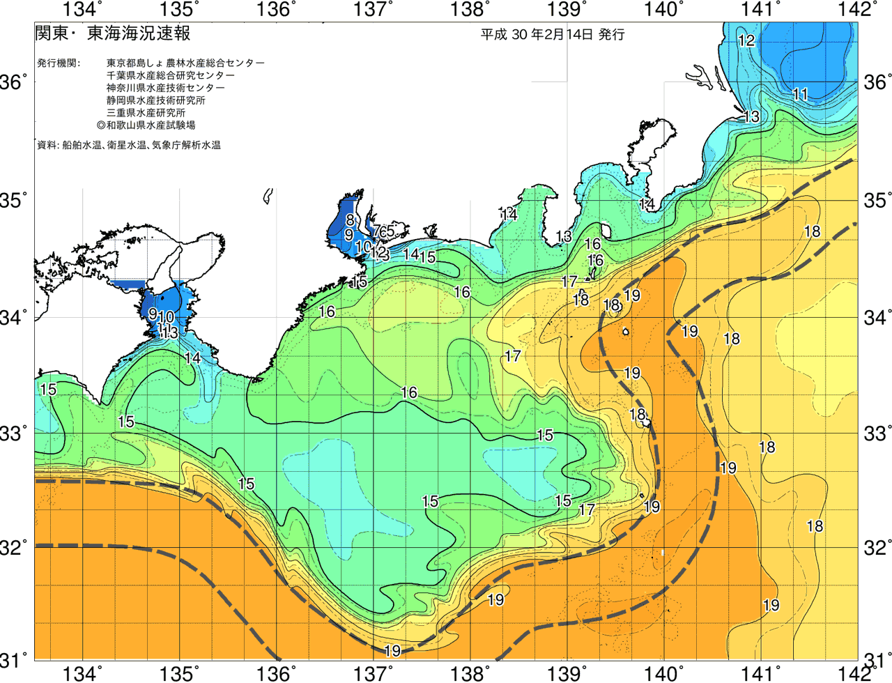 海況図, 関東・東海海況速報/広域 検索結果, (黒潮, 水温分布, 冷水域, 暖水波及 等を図示)