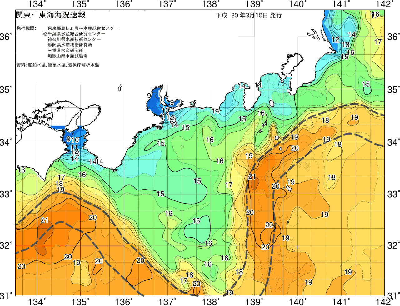 海況図, 関東・東海海況速報/広域 検索結果, (黒潮, 水温分布, 冷水域, 暖水波及 等を図示)