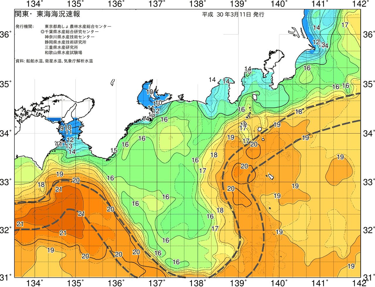 海況図, 関東・東海海況速報/広域 検索結果, (黒潮, 水温分布, 冷水域, 暖水波及 等を図示)