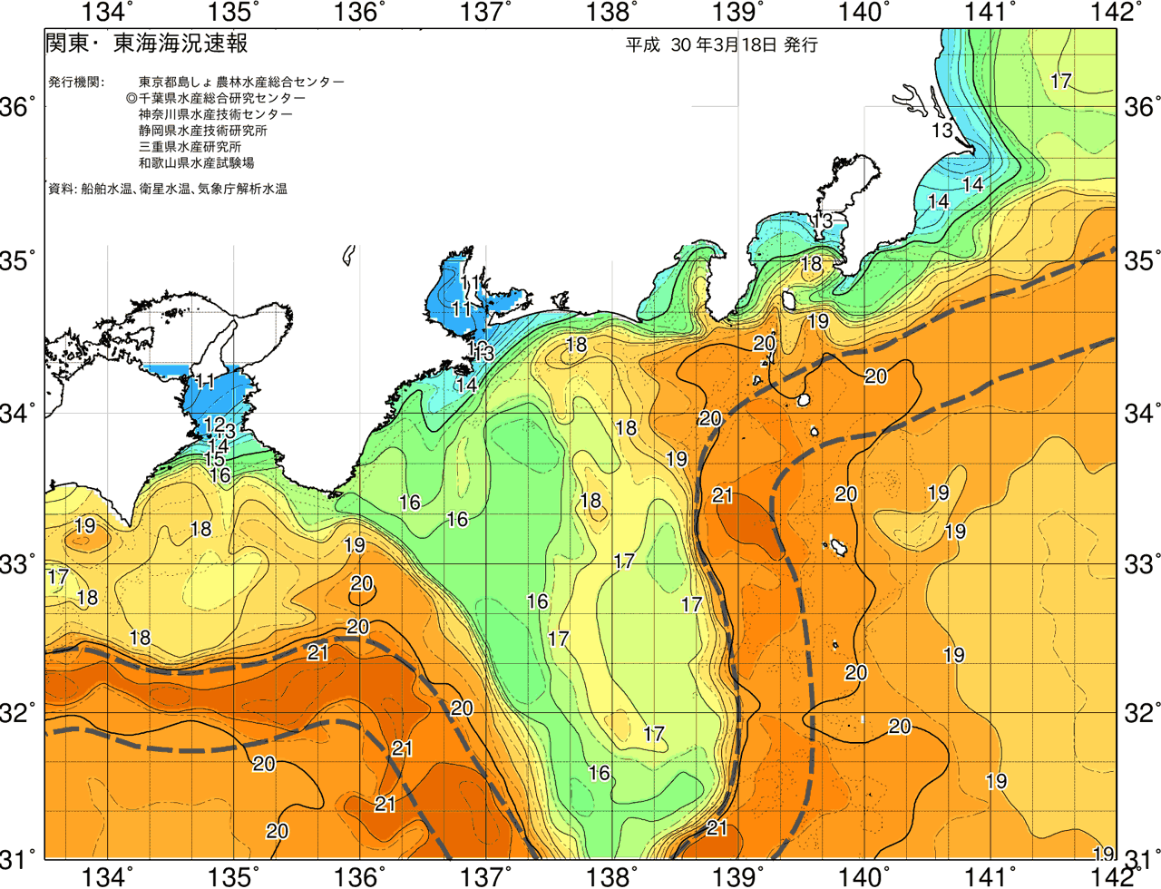 海況図, 関東・東海海況速報/広域 検索結果, (黒潮, 水温分布, 冷水域, 暖水波及 等を図示)