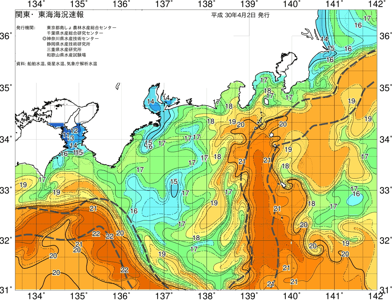 海況図, 関東・東海海況速報/広域 検索結果, (黒潮, 水温分布, 冷水域, 暖水波及 等を図示)