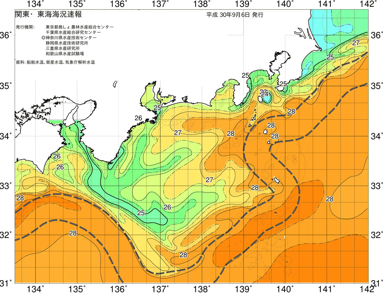 海況図, 関東・東海海況速報/広域 検索結果, (黒潮, 水温分布, 冷水域, 暖水波及 等を図示)