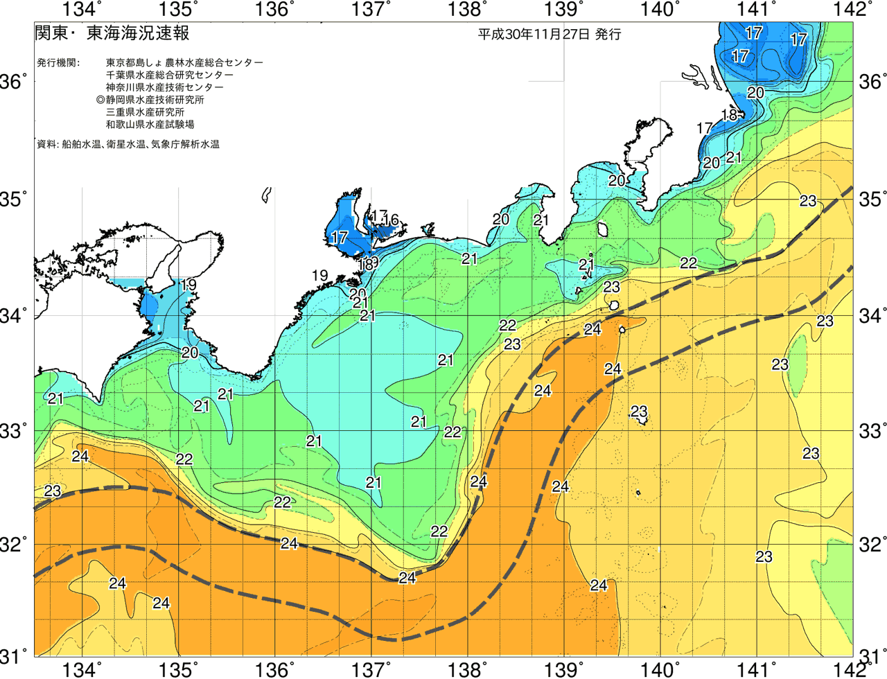 海況図, 関東・東海海況速報/広域 検索結果, (黒潮, 水温分布, 冷水域, 暖水波及 等を図示)