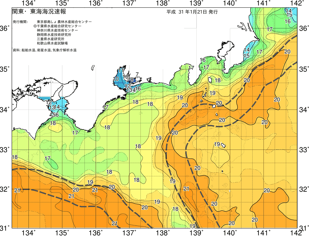 海況図, 関東・東海海況速報/広域 検索結果, (黒潮, 水温分布, 冷水域, 暖水波及 等を図示)