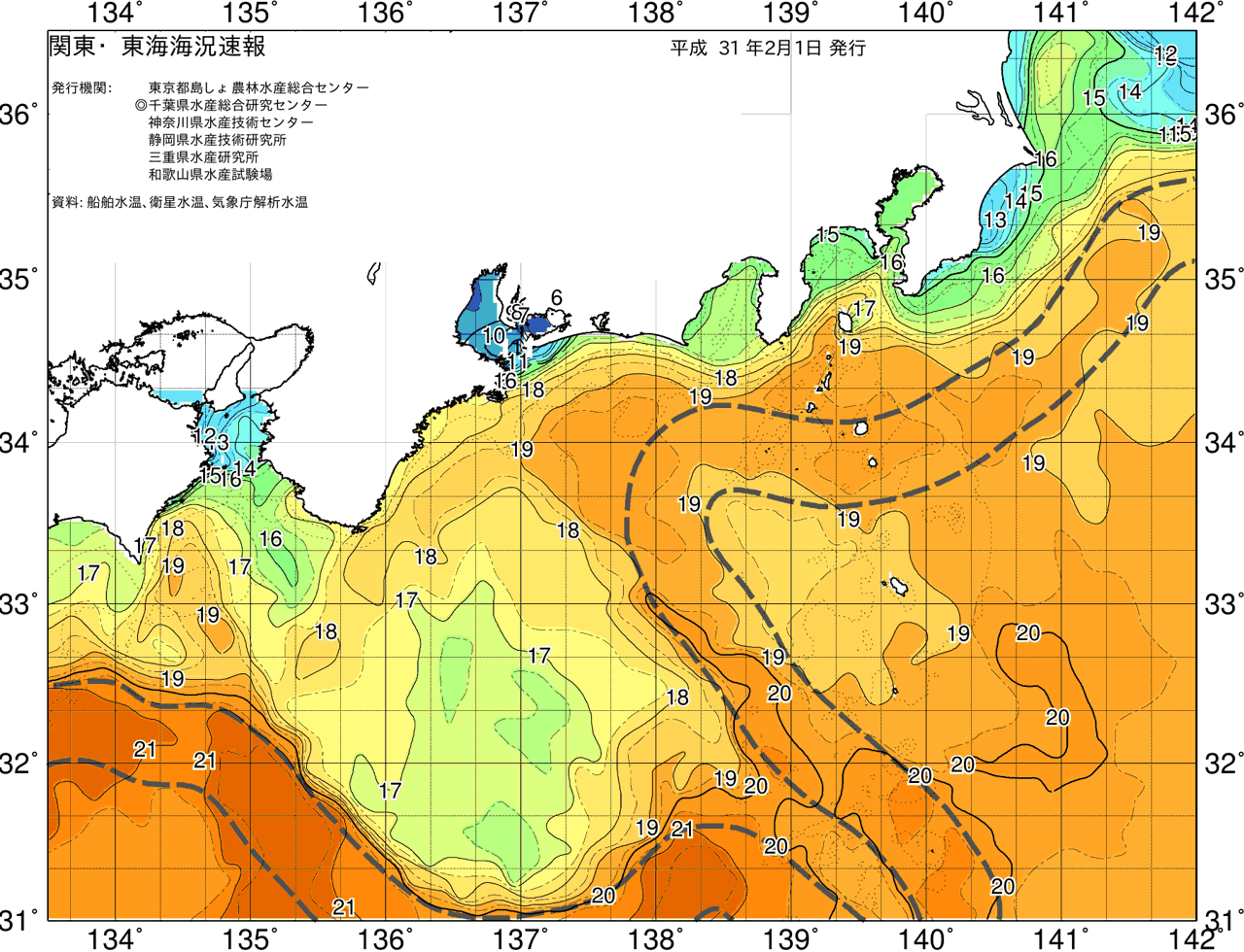 海況図, 関東・東海海況速報/広域 検索結果, (黒潮, 水温分布, 冷水域, 暖水波及 等を図示)