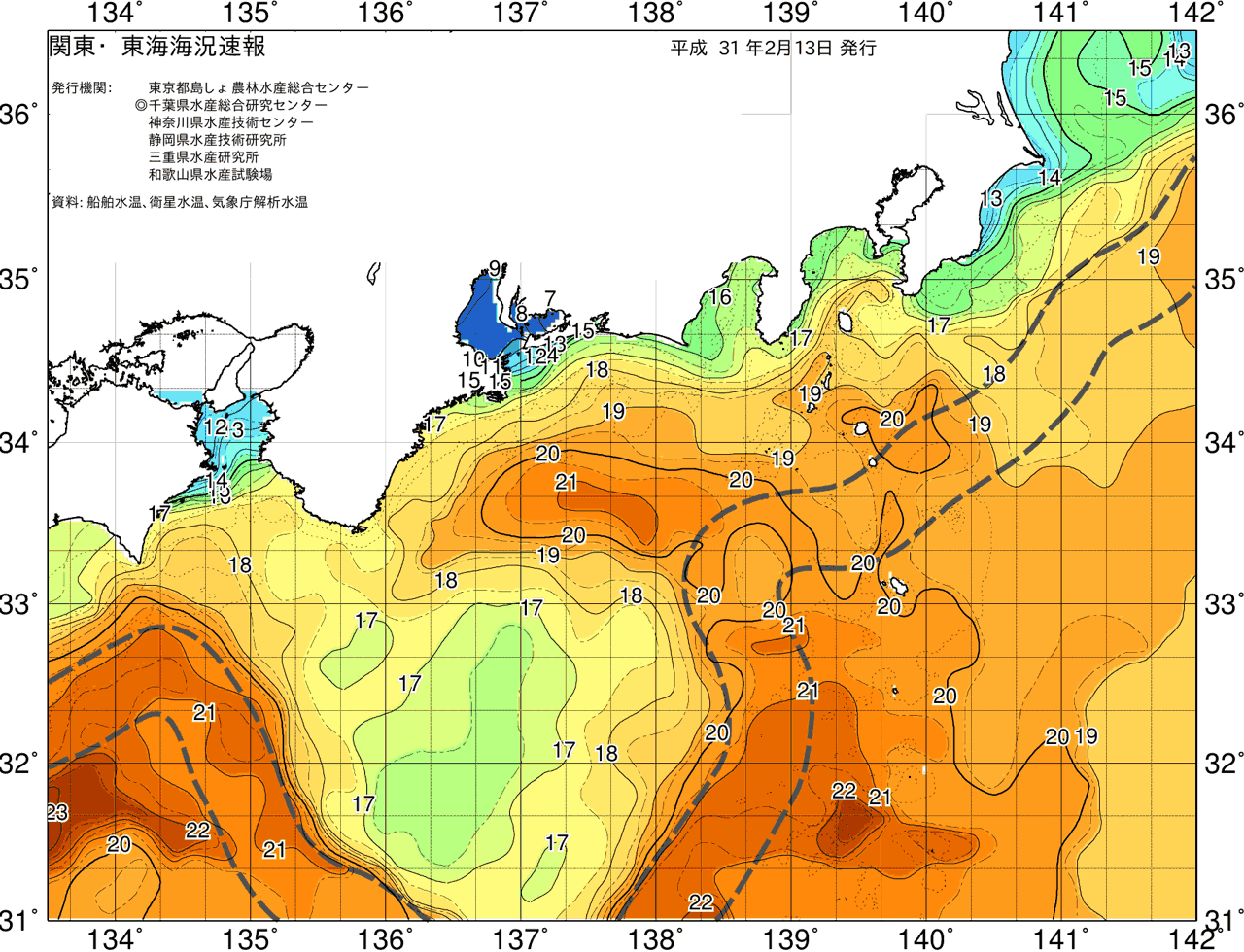 海況図, 関東・東海海況速報/広域 検索結果, (黒潮, 水温分布, 冷水域, 暖水波及 等を図示)