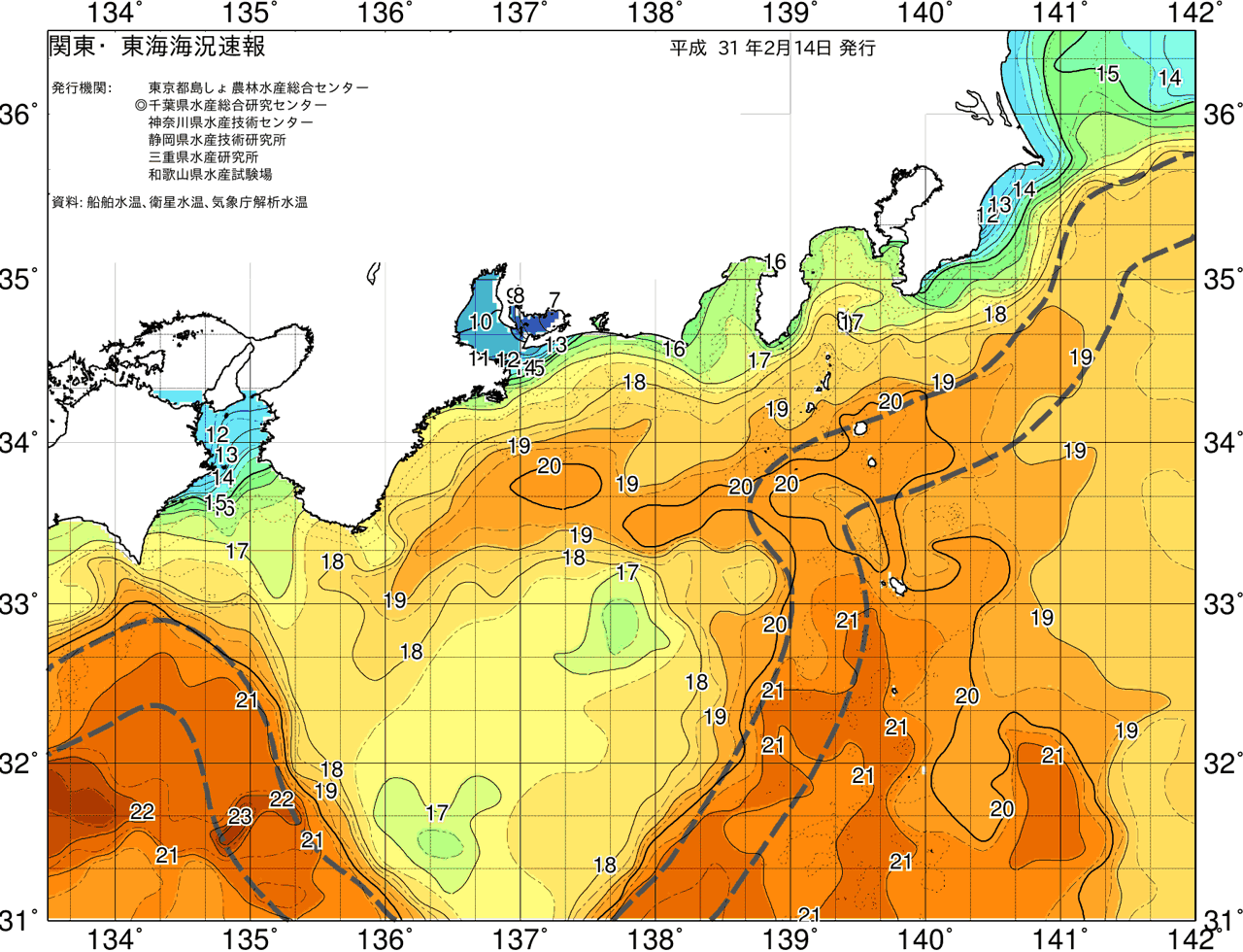 海況図, 関東・東海海況速報/広域 検索結果, (黒潮, 水温分布, 冷水域, 暖水波及 等を図示)
