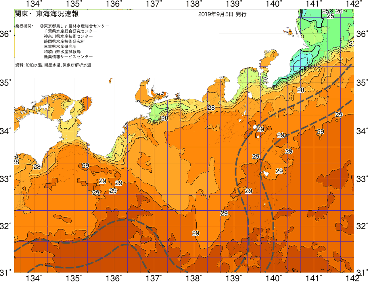 海況図, 関東・東海海況速報/広域 検索結果, (黒潮, 水温分布, 冷水域, 暖水波及 等を図示)