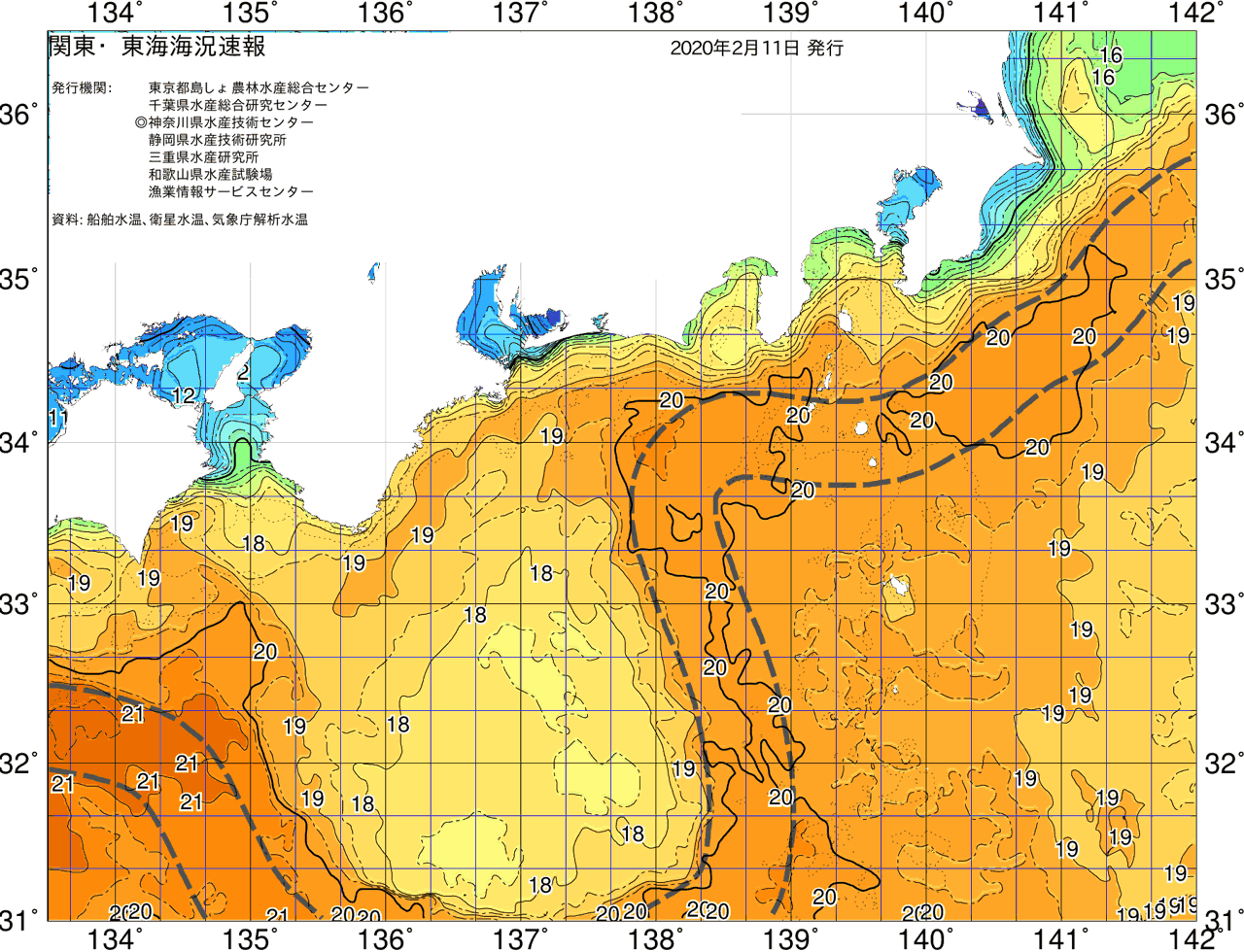 海況図, 関東・東海海況速報/広域 検索結果, (黒潮, 水温分布, 冷水域, 暖水波及 等を図示)