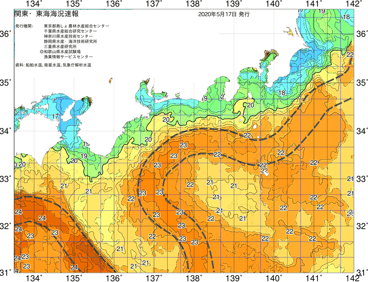海況図, 関東・東海海況速報/広域 検索結果, (黒潮, 水温分布, 冷水域, 暖水波及 等を図示)
